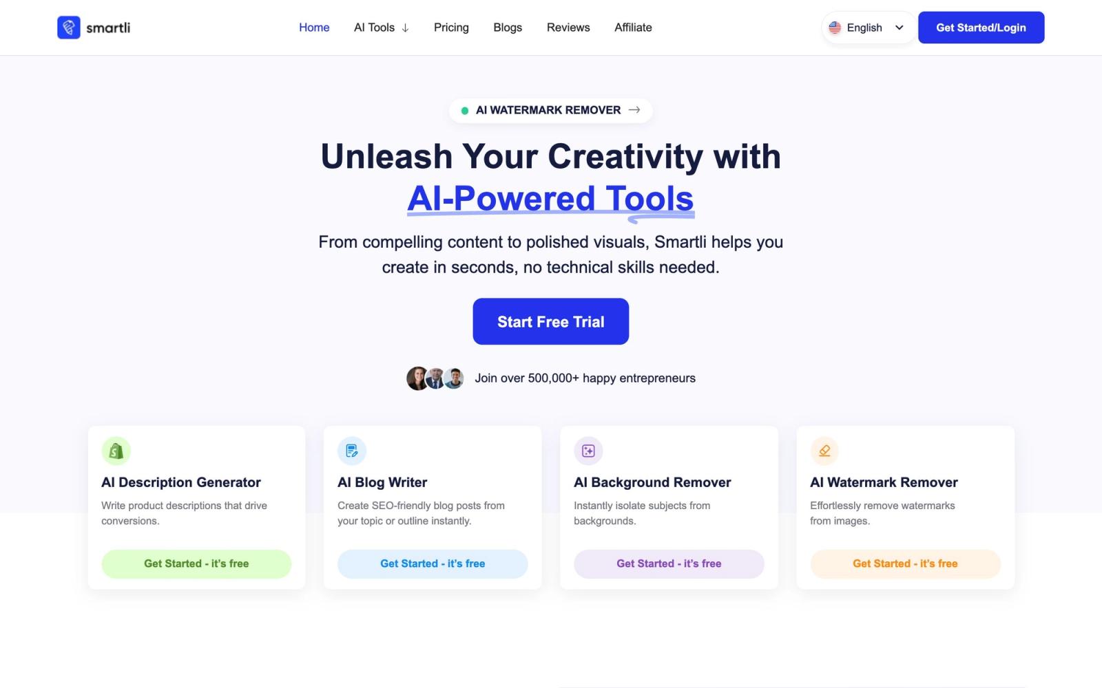 Smartli website: homepage