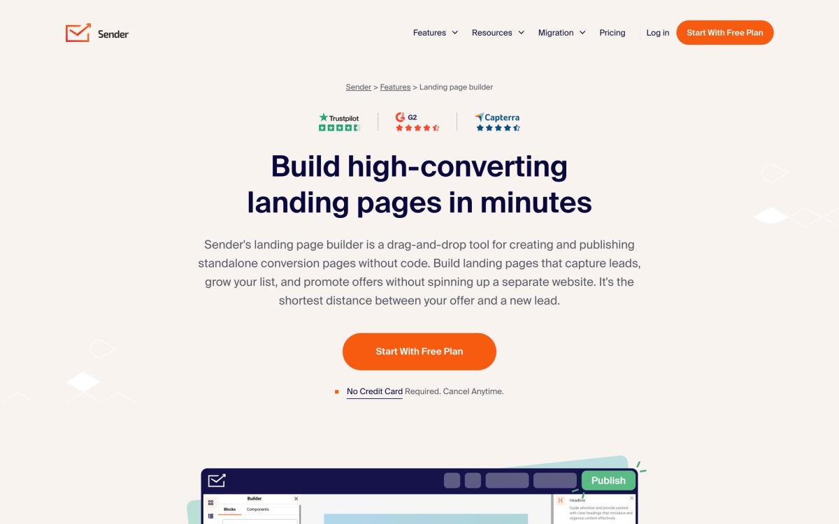 Sender, features page screenshot