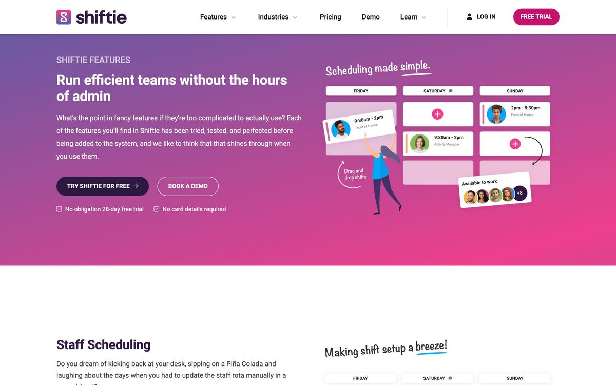 Shiftie, features page screenshot