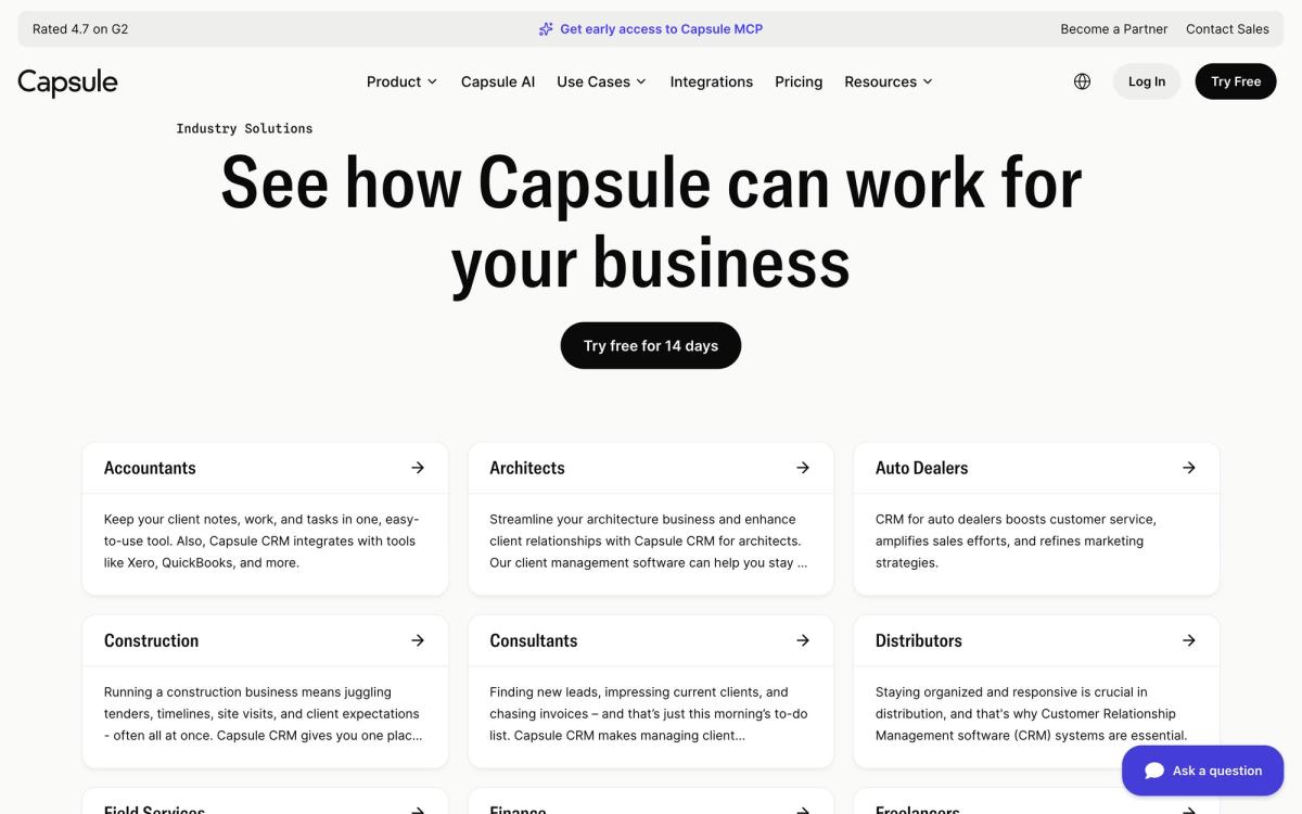 Capsule CRM, use cases page screenshot
