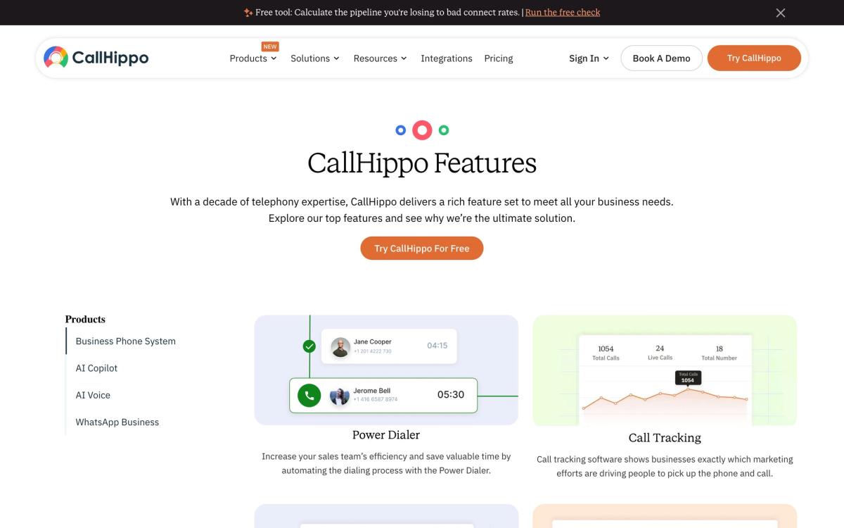 CallHippo, features page screenshot