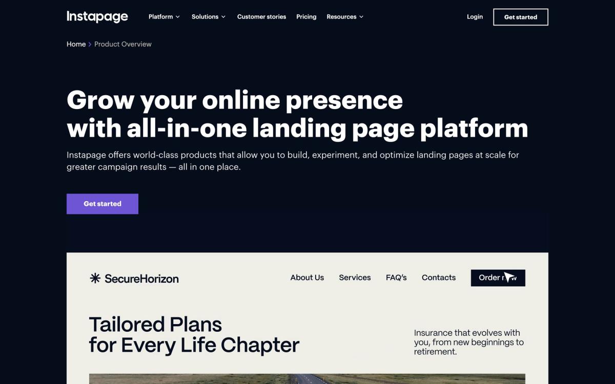 Instapage, product page screenshot