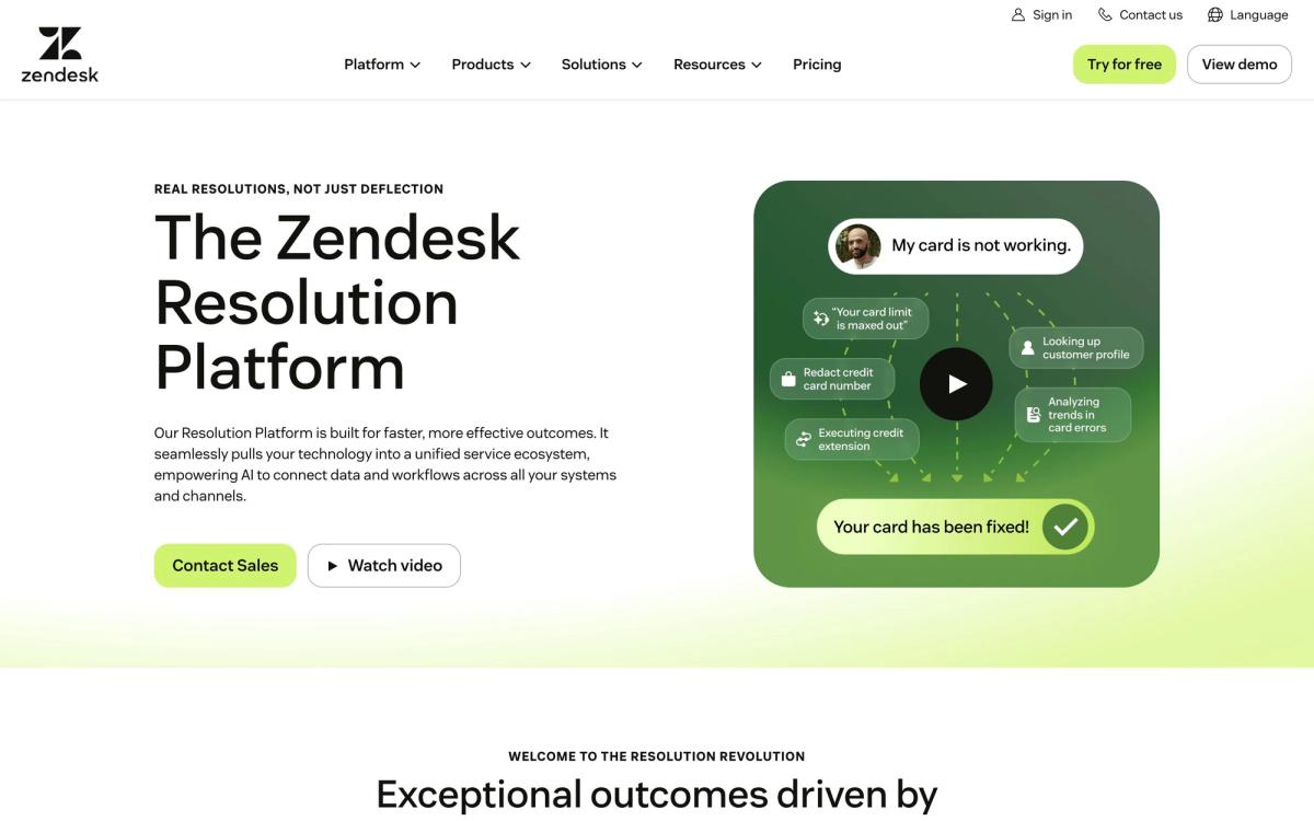 Zendesk, product page screenshot