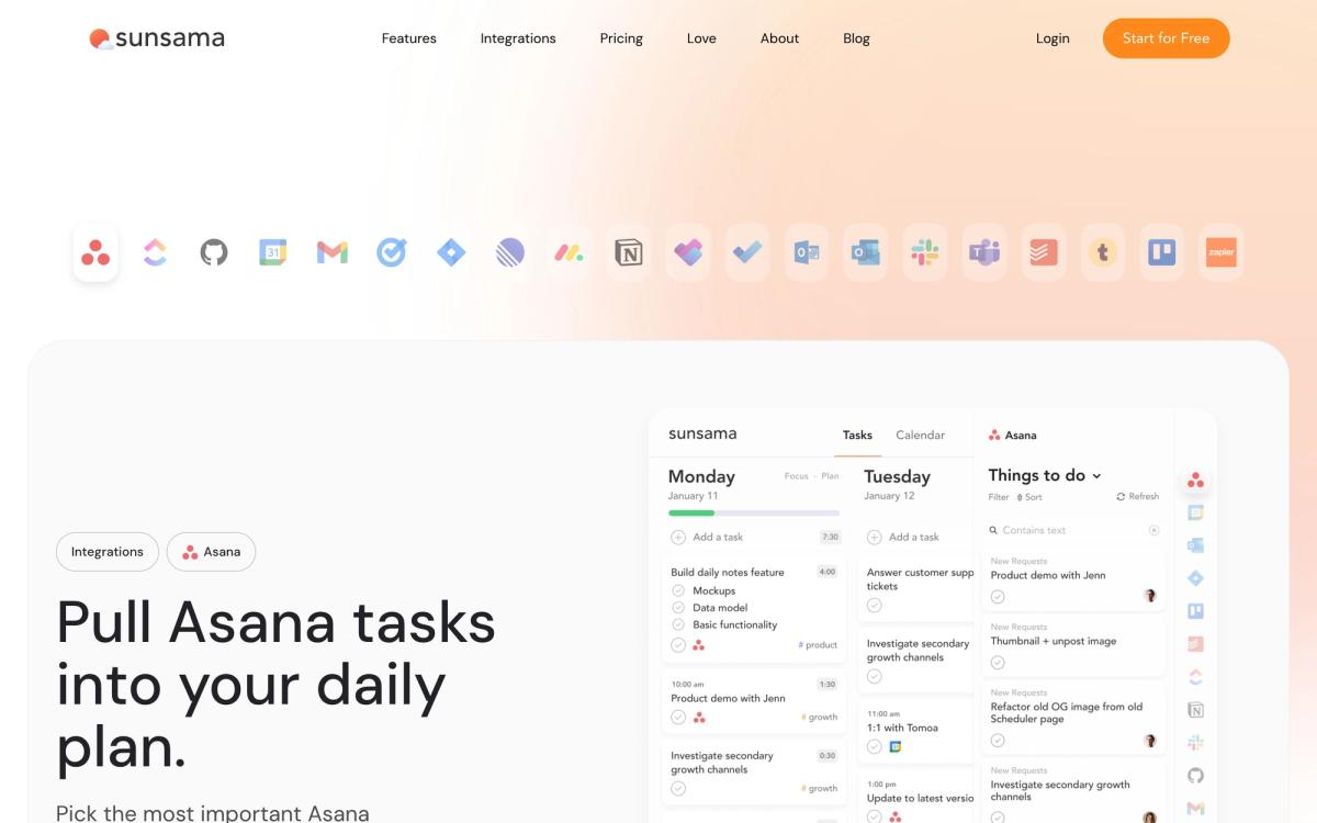 Sunsama, integrations page screenshot