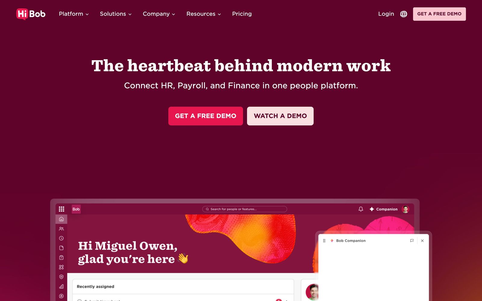 HiBob website, homepage