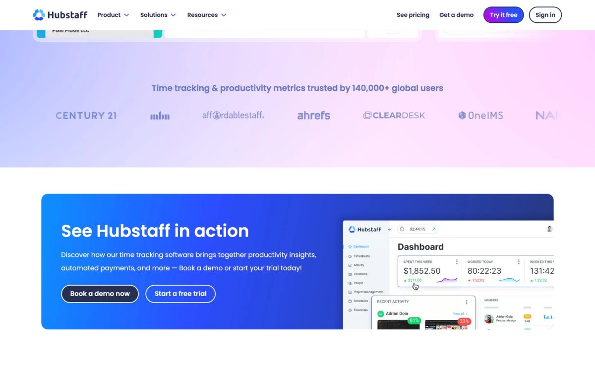 Hubstaff, product overview page screenshot