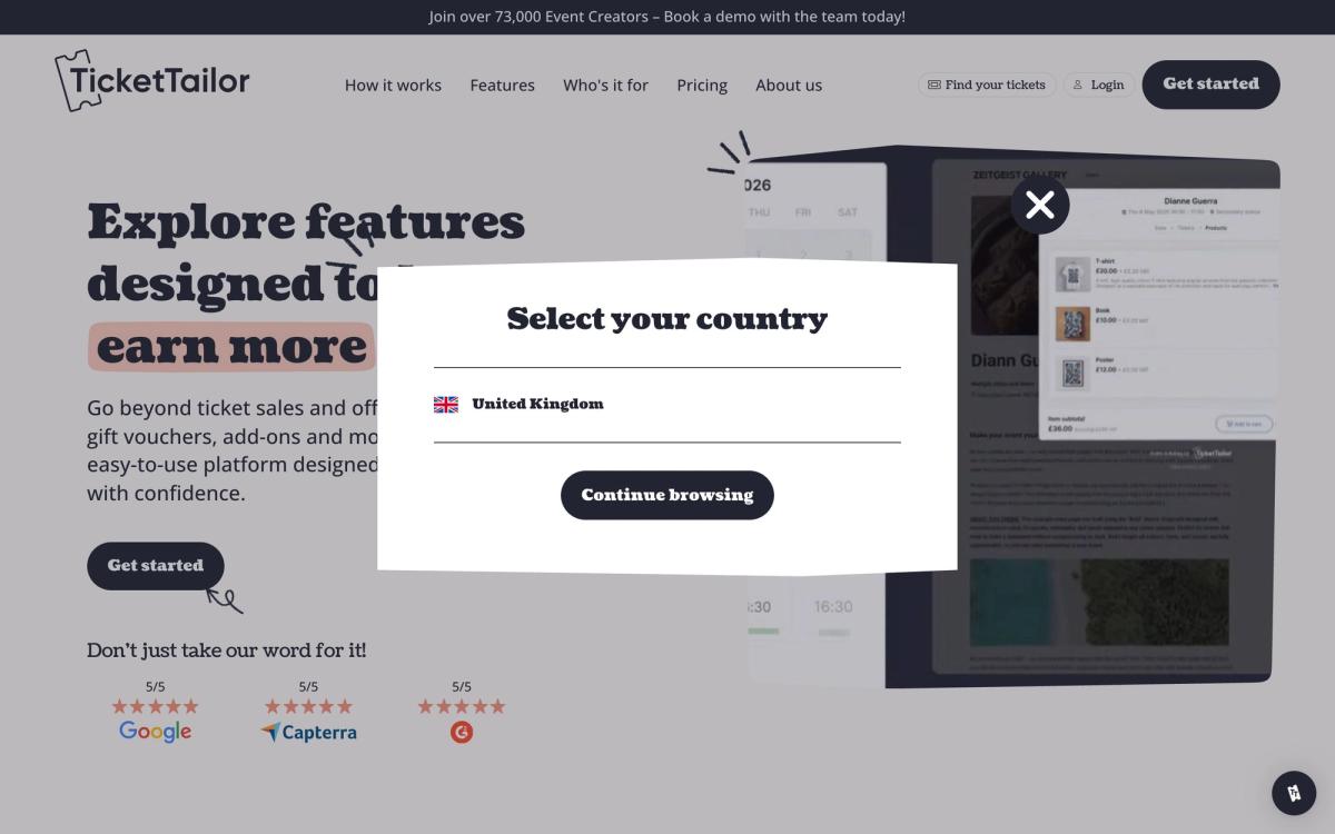 Ticket Tailor, features page screenshot