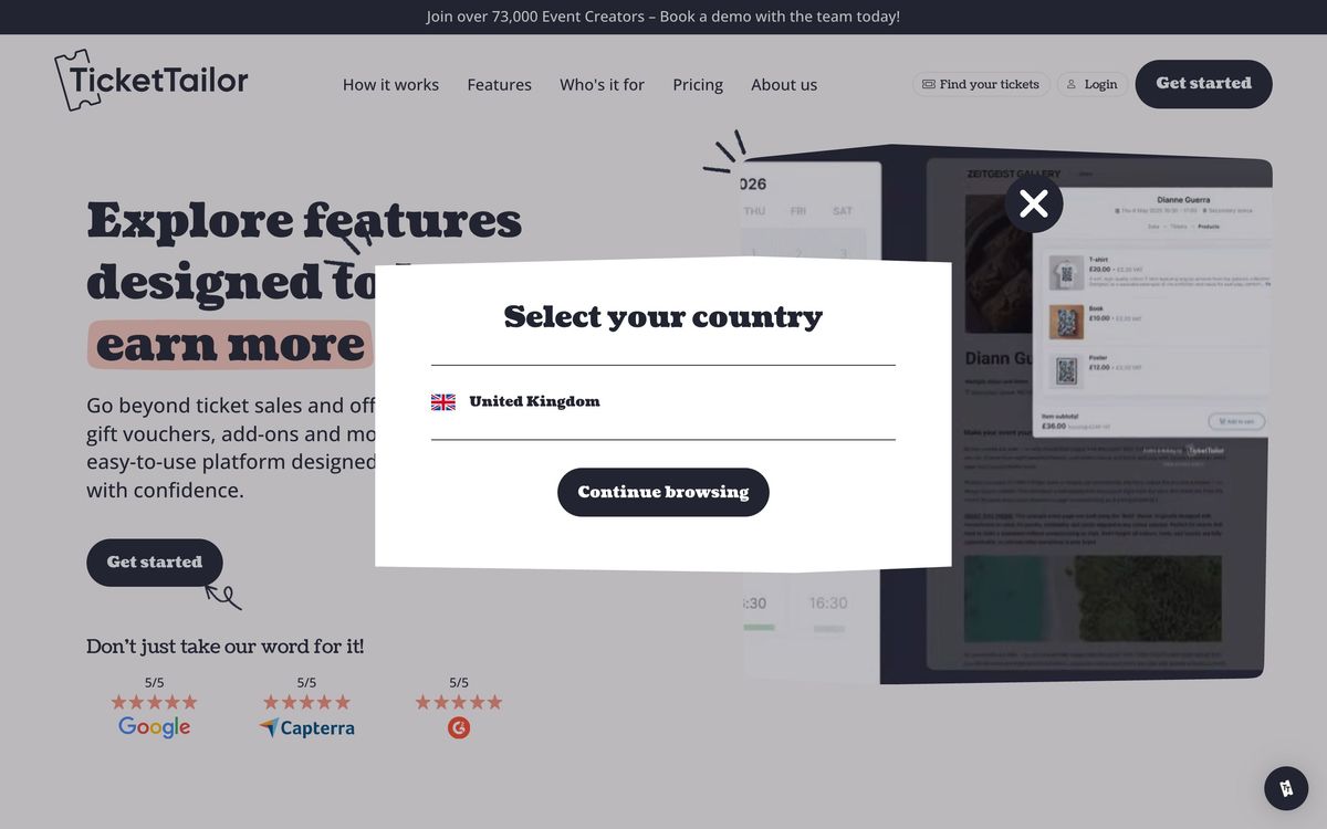 Ticket Tailor, features page screenshot