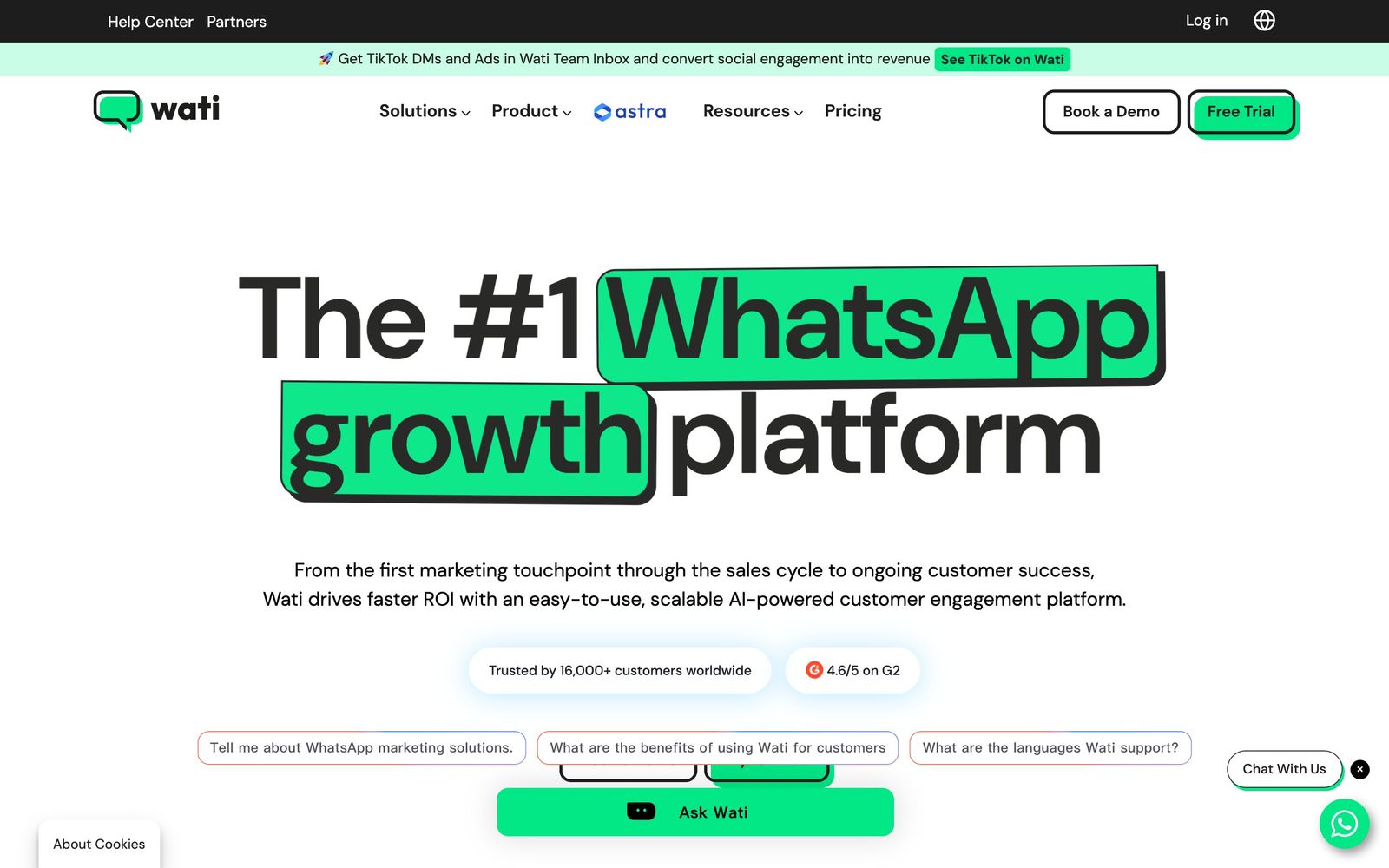 Wati website, homepage