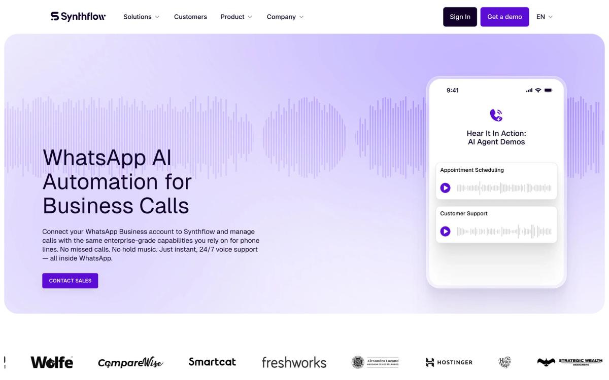 Synthflow AI, integrations page screenshot