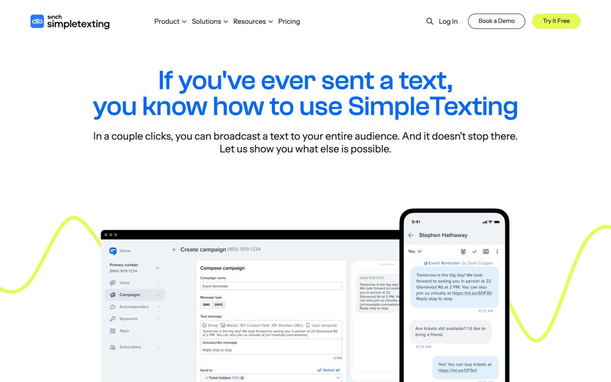 SimpleTexting, features page screenshot
