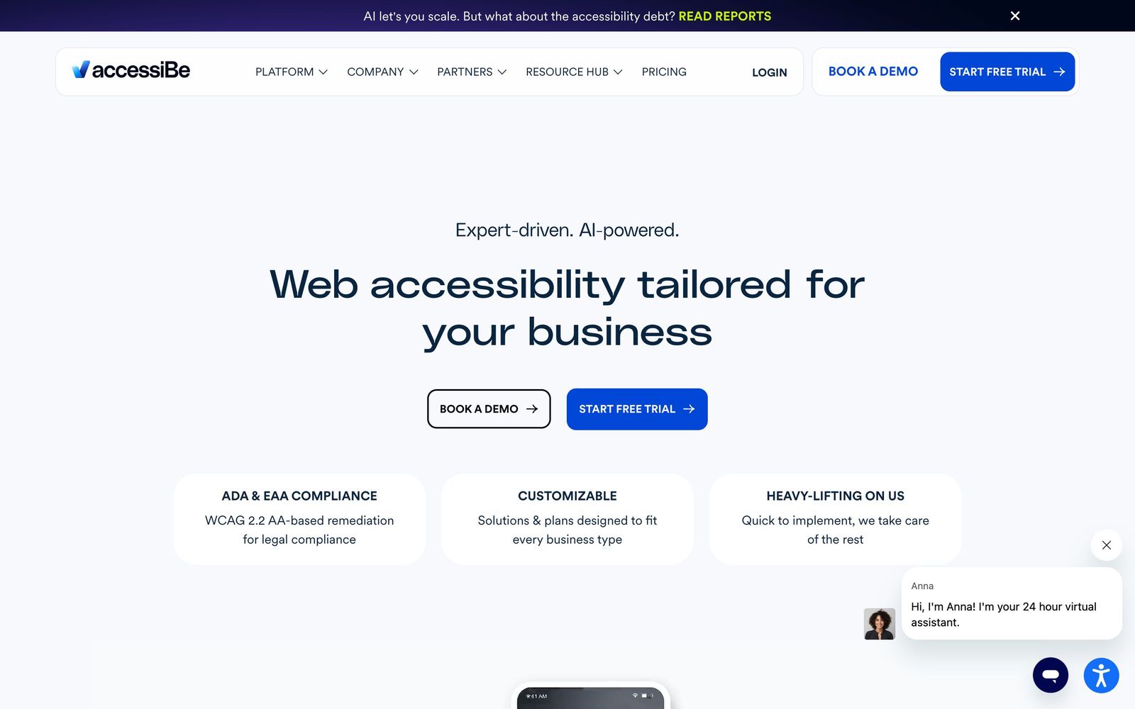 accessiBe website, homepage