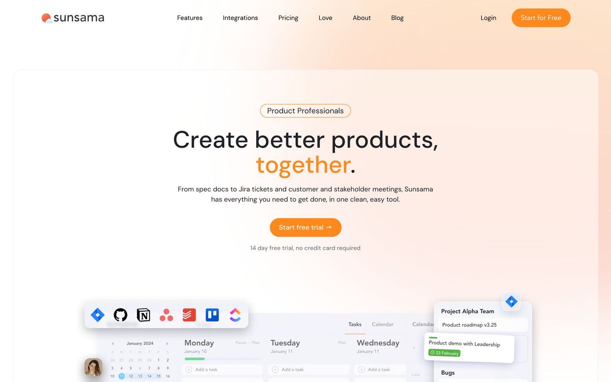 Sunsama, product page screenshot