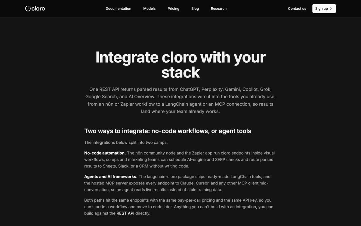 Cloro, integrations page screenshot