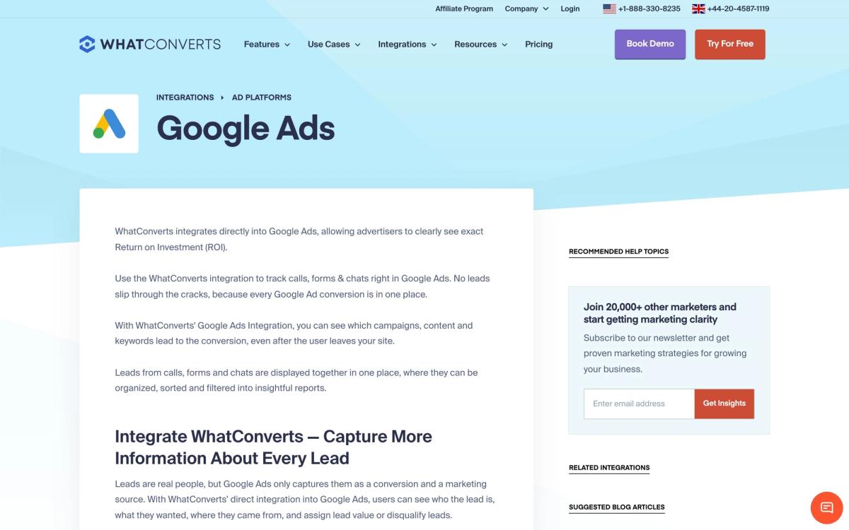WhatConverts, product page screenshot