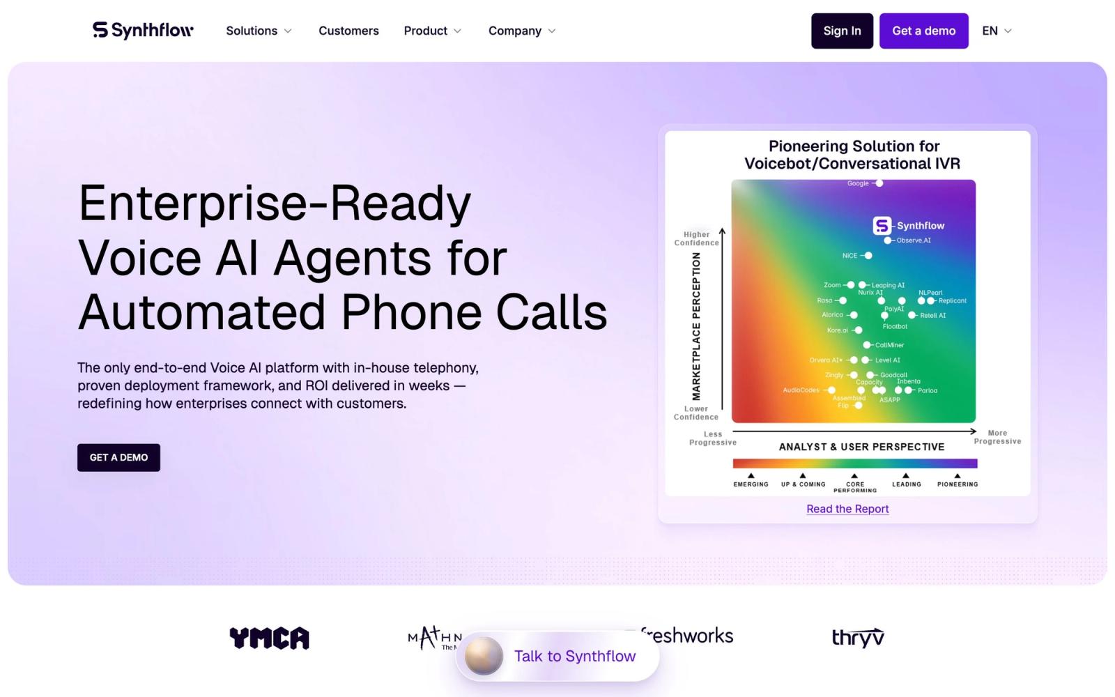 Synthflow AI website, homepage