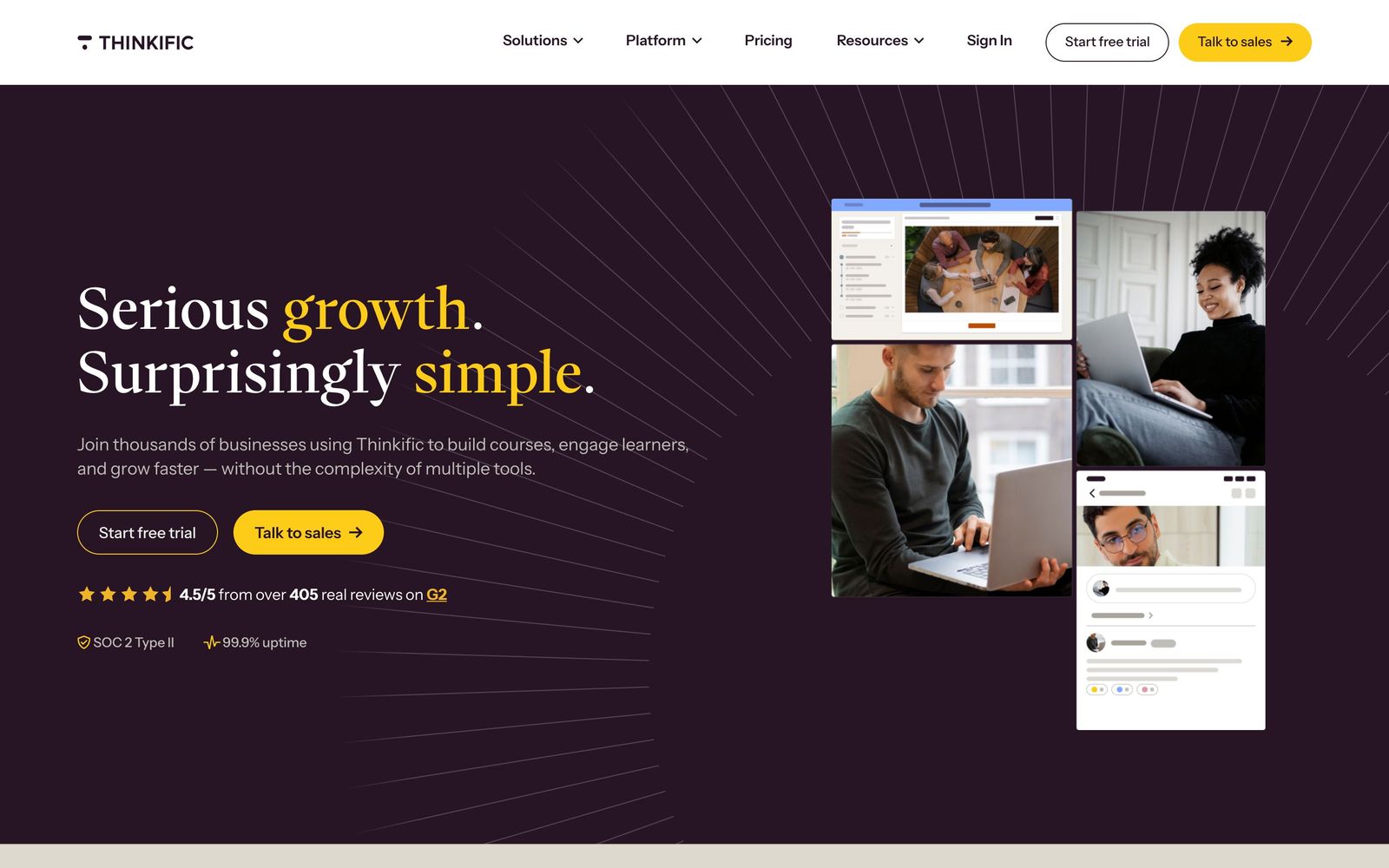 Thinkific website, homepage