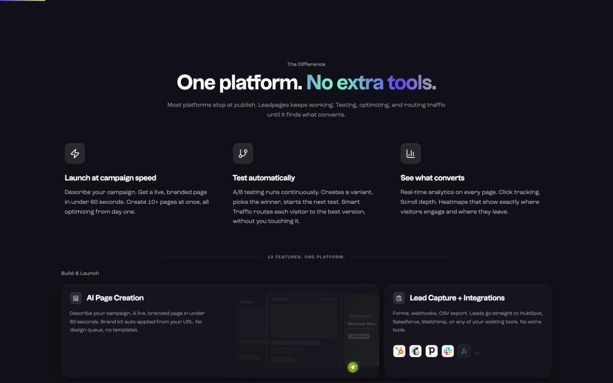 Leadpages, product overview page screenshot