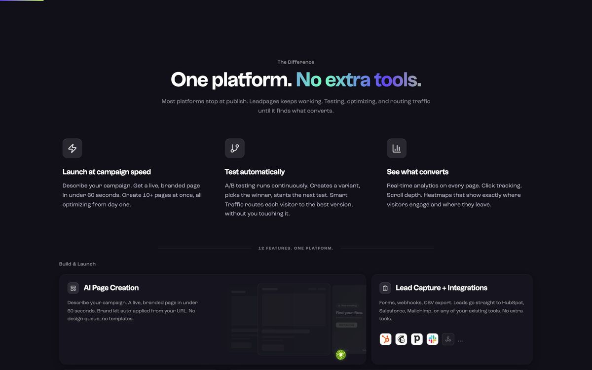 Leadpages, product overview page screenshot