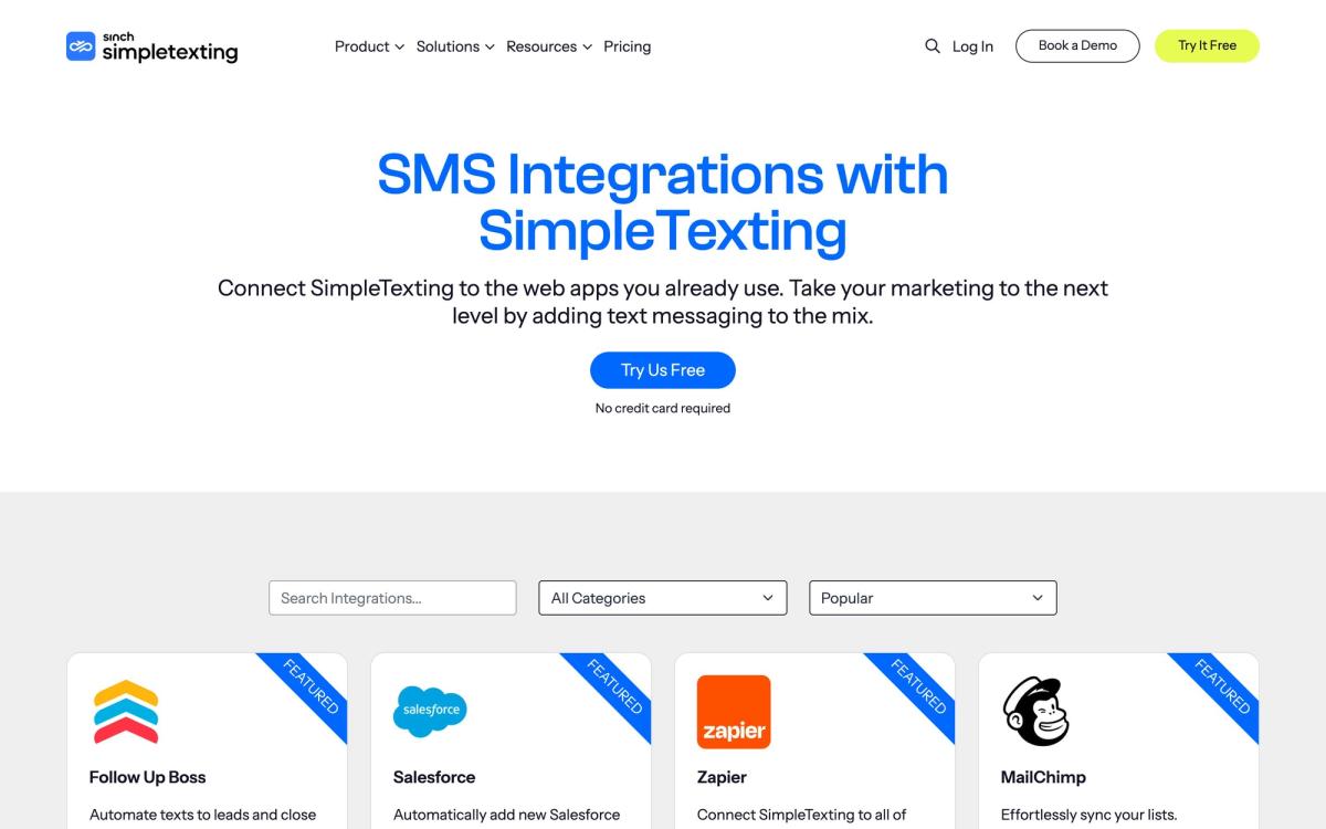 SimpleTexting, integrations page screenshot