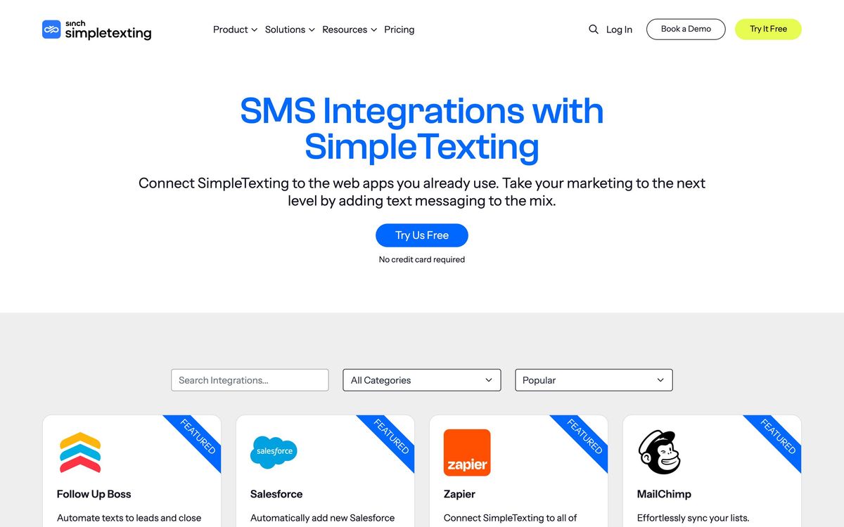 SimpleTexting, integrations page screenshot