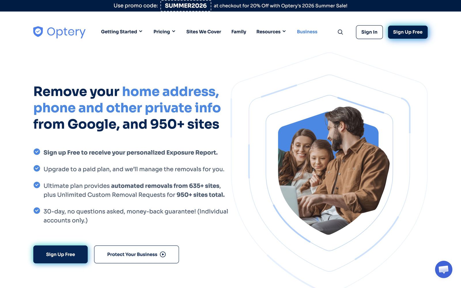 Optery website, homepage