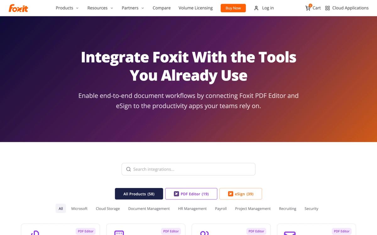 Foxit, integrations page screenshot