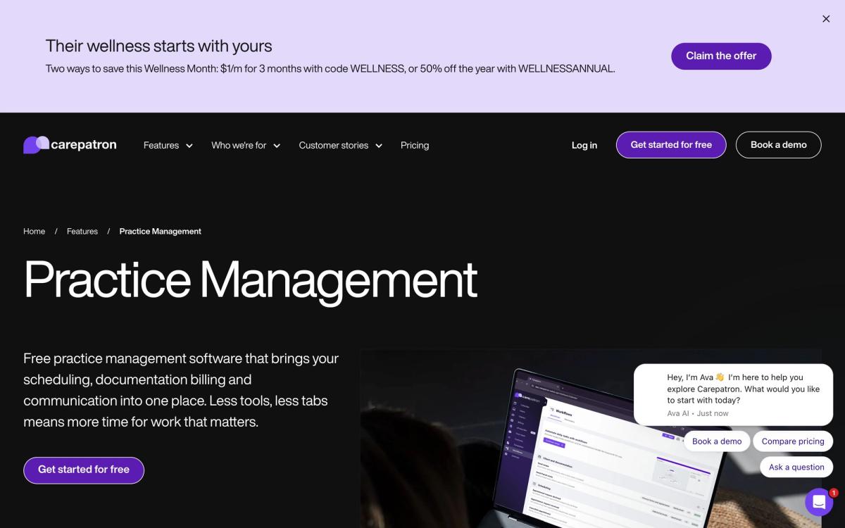 Carepatron, features page screenshot