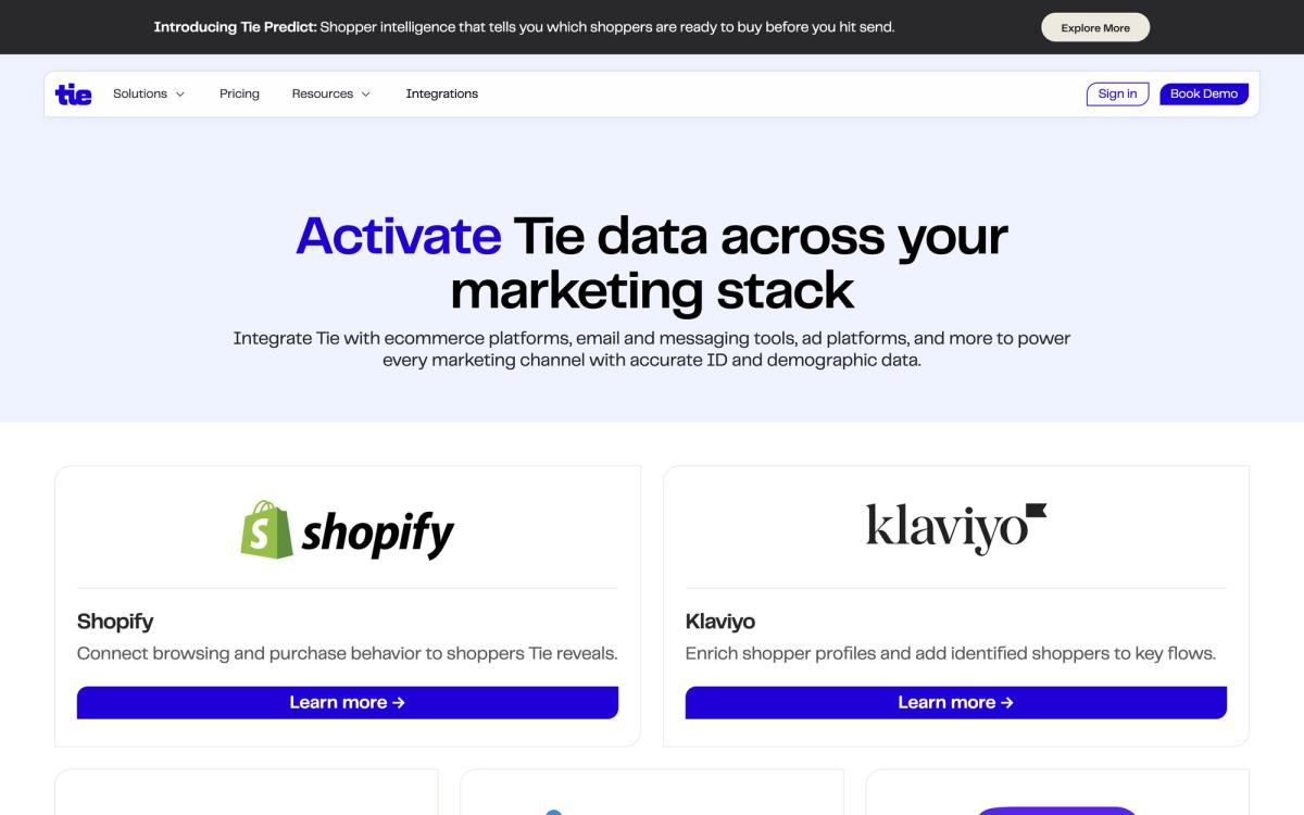 Tie, integrations page screenshot