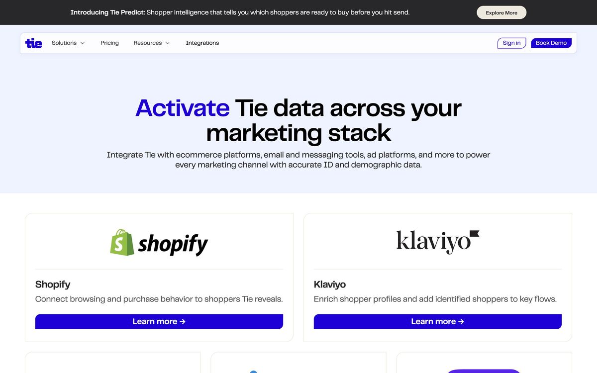 Tie, integrations page screenshot