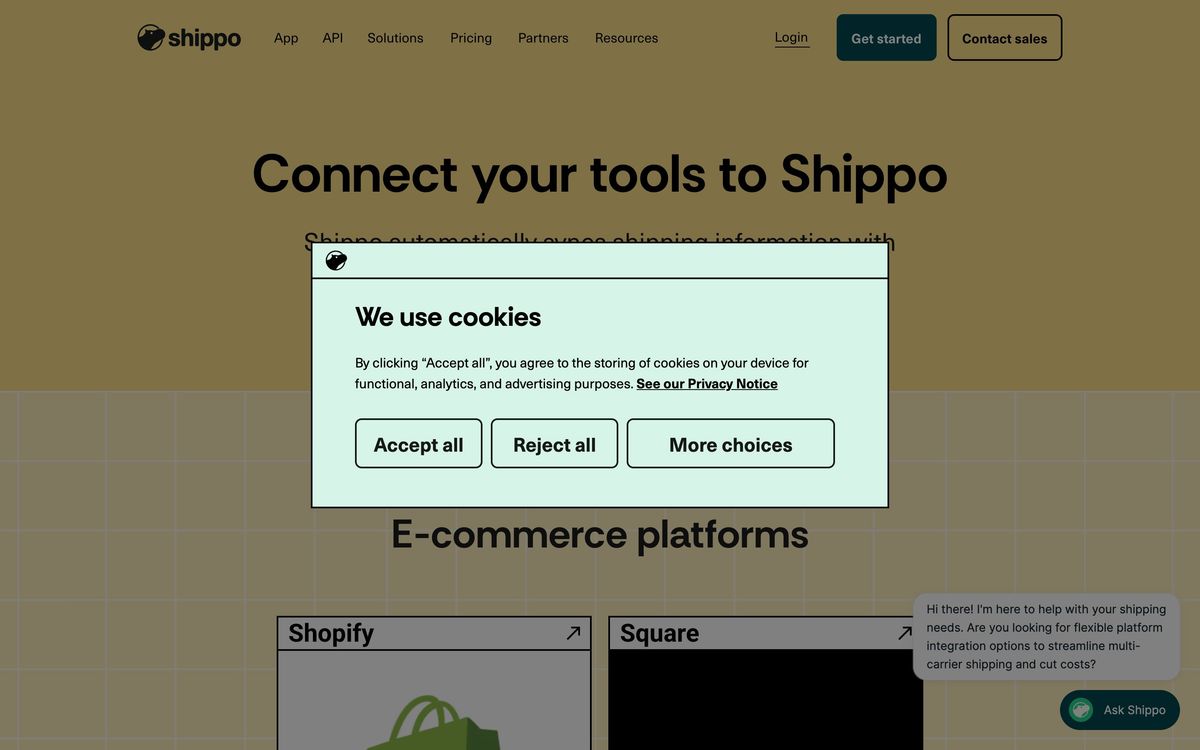 Shippo, integrations page screenshot