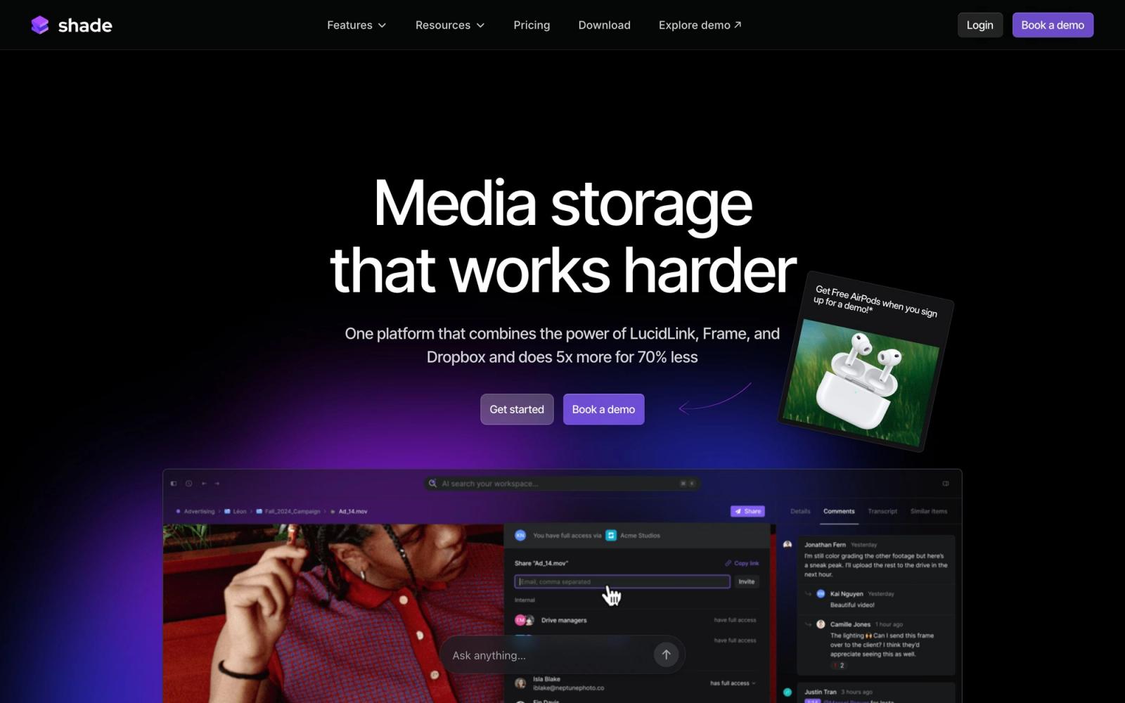 Shade website, homepage