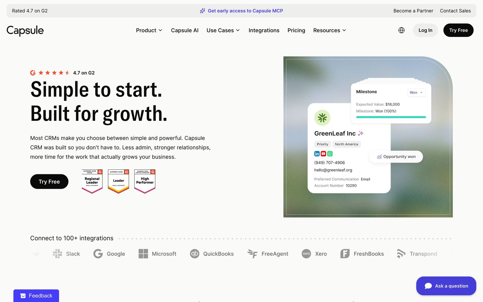 Capsule CRM website, homepage