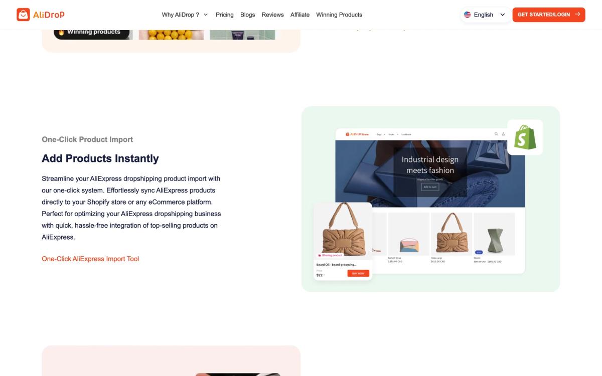 AliDrop: product overview page screenshot