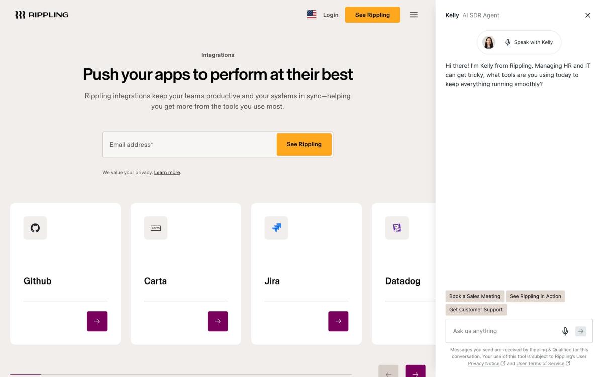 Rippling, integrations page screenshot