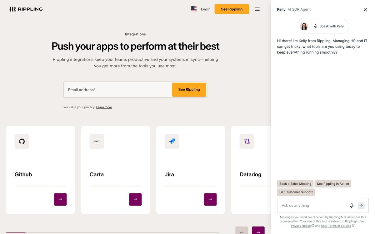 Rippling, integrations page screenshot