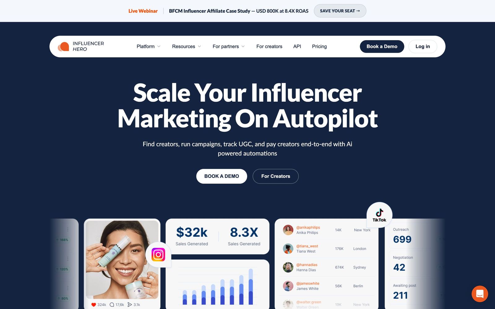 Influencer Hero website, homepage