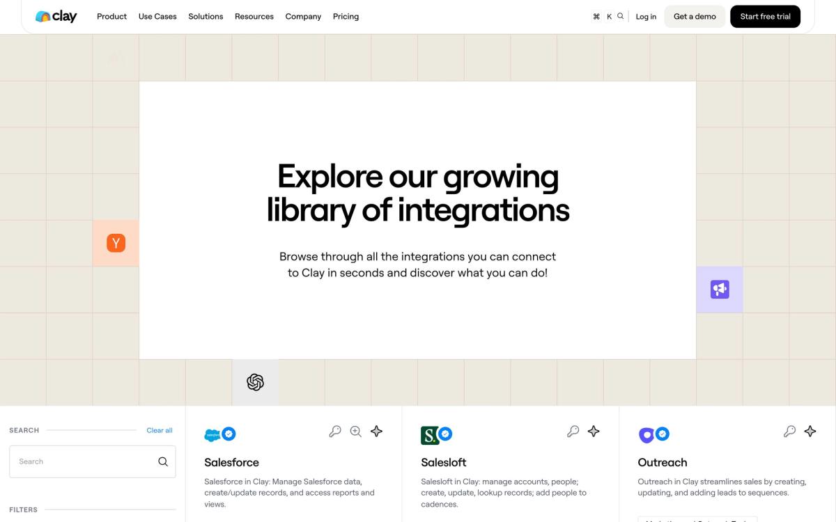 Clay: integrations page screenshot