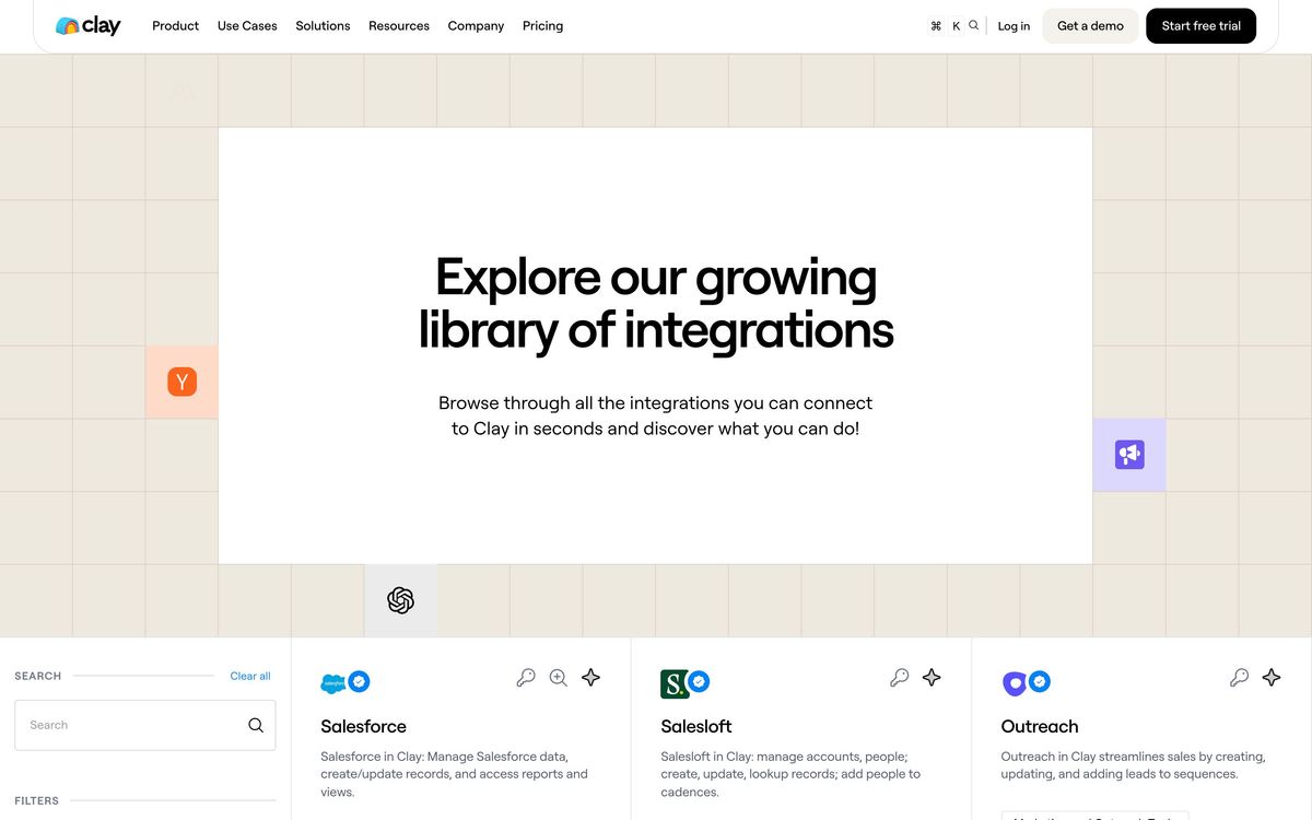 Clay: integrations page screenshot