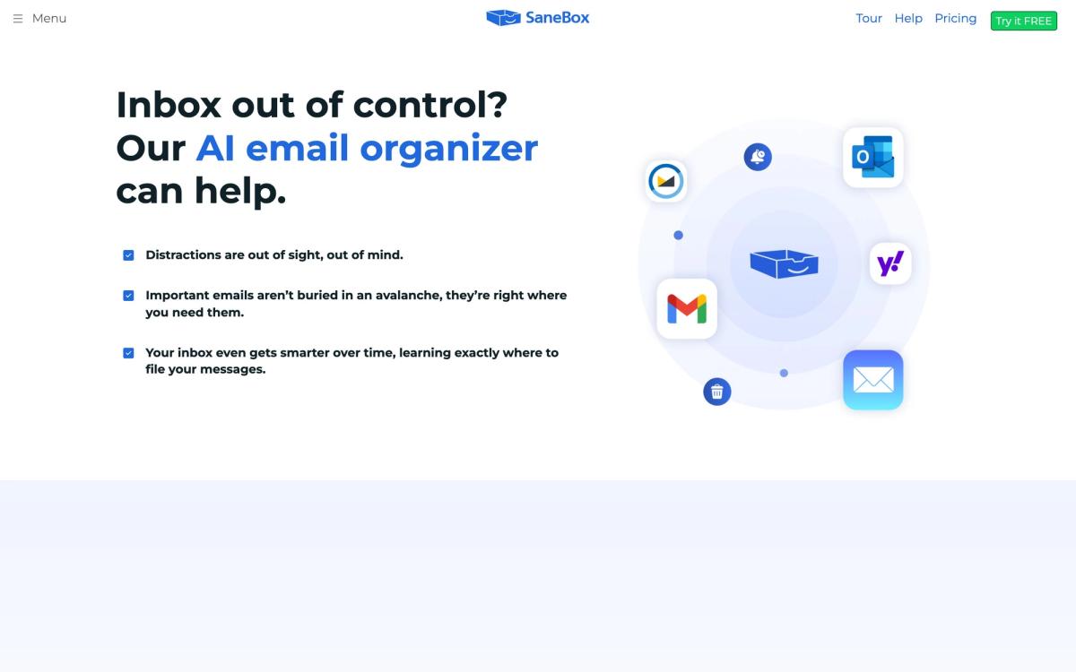 SaneBox: features page screenshot