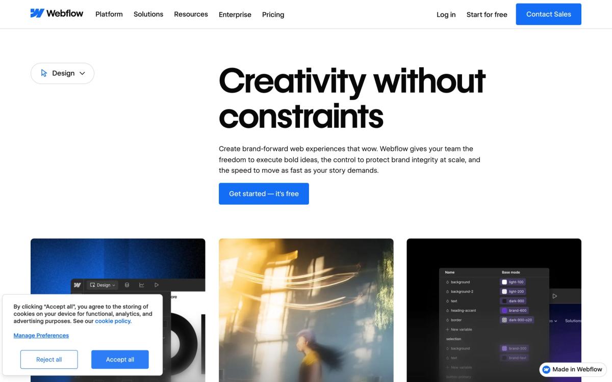 Webflow, features page screenshot