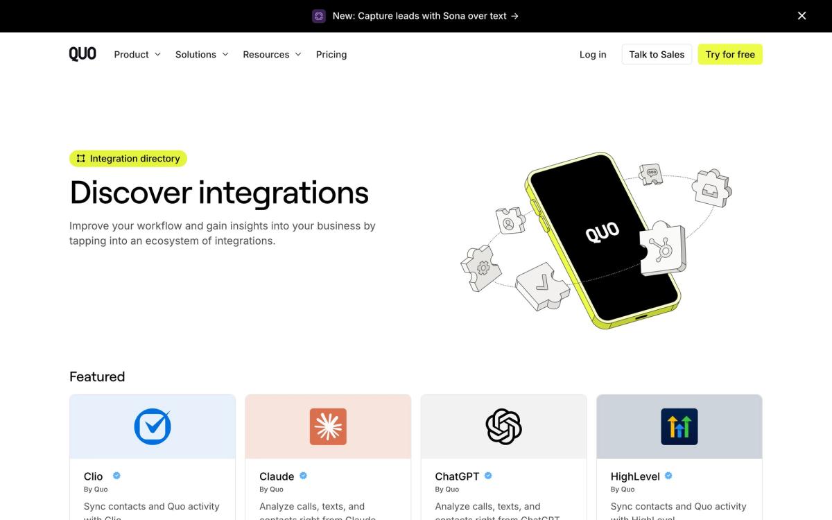 Quo, integrations page screenshot