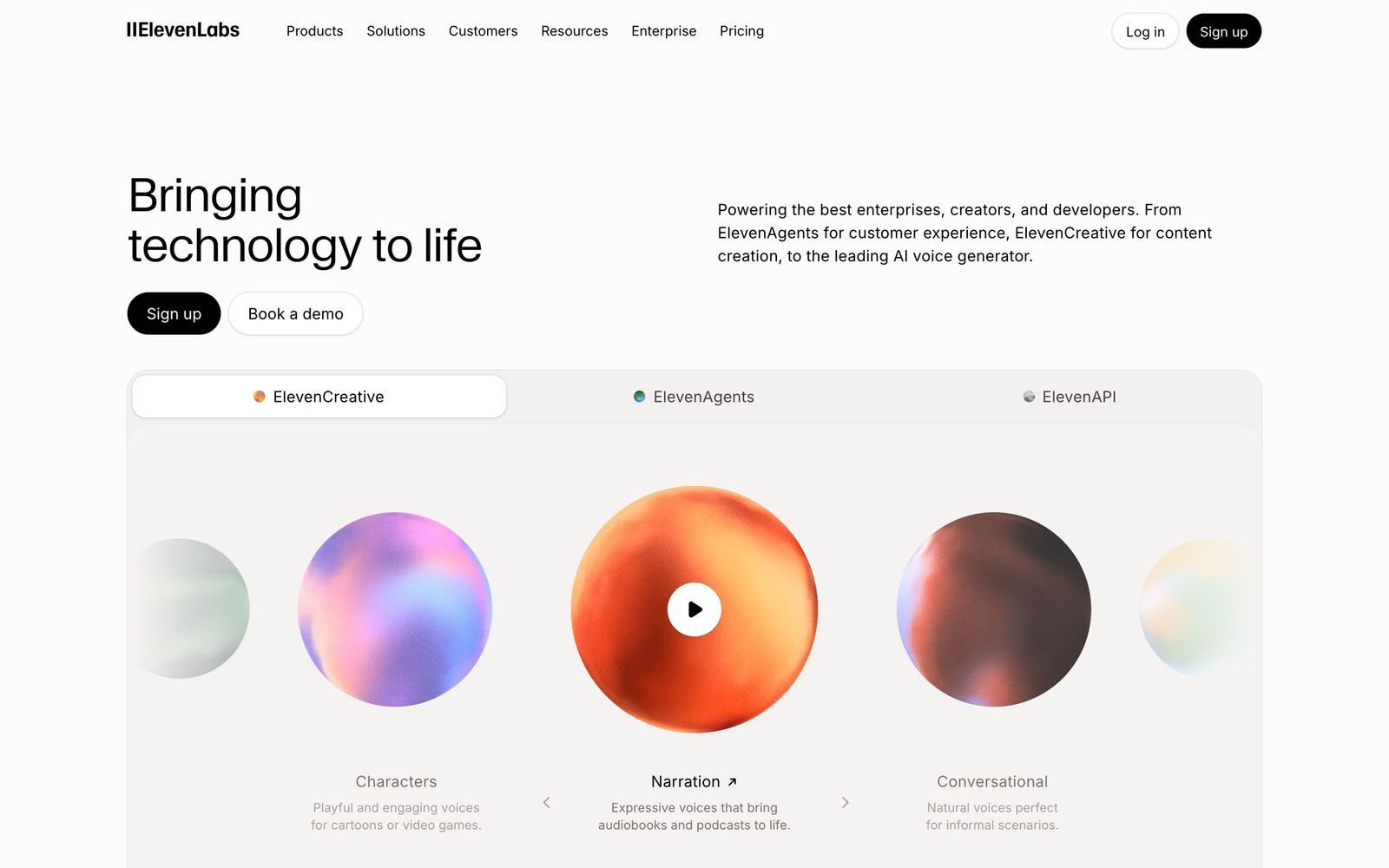 ElevenLabs website, homepage
