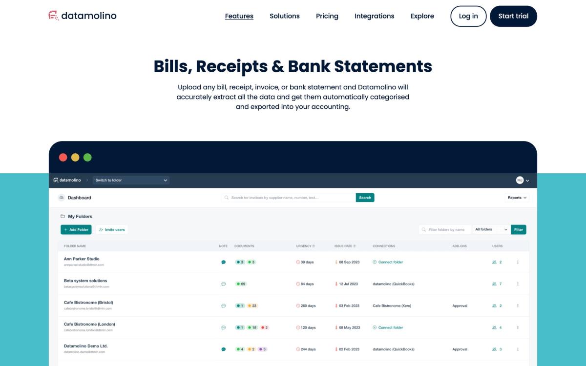 Datamolino, features page screenshot