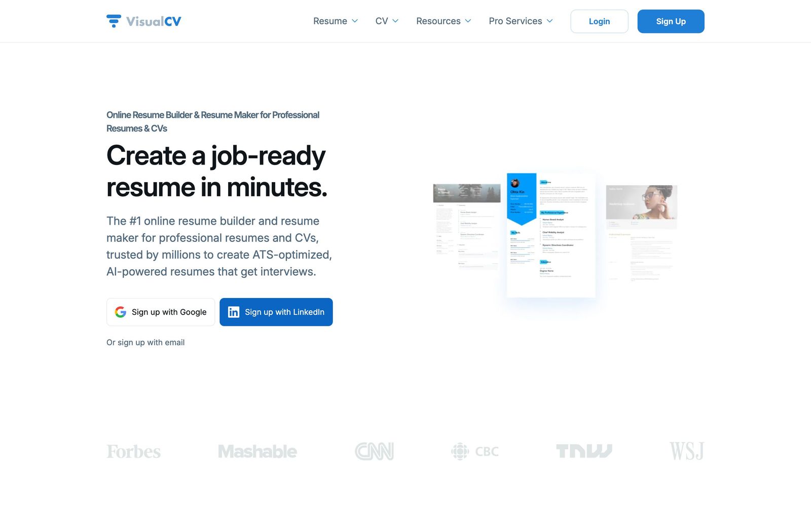 VisualCV website, homepage