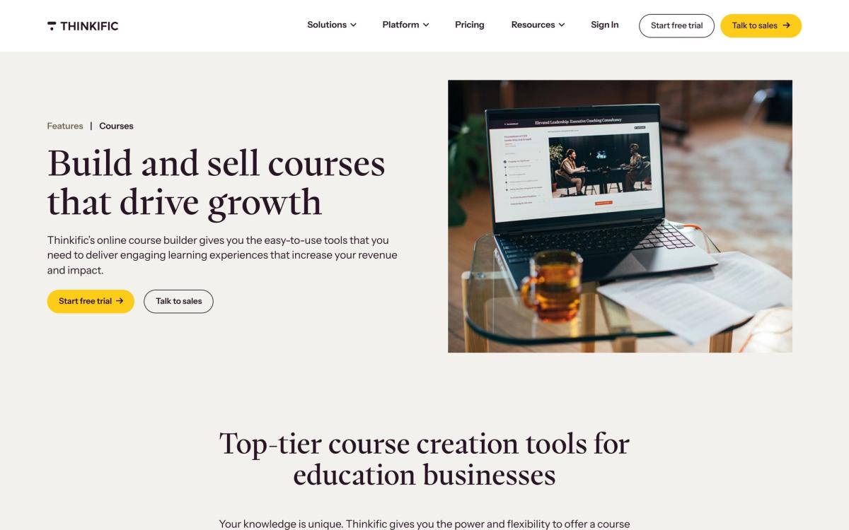 Thinkific, features page screenshot