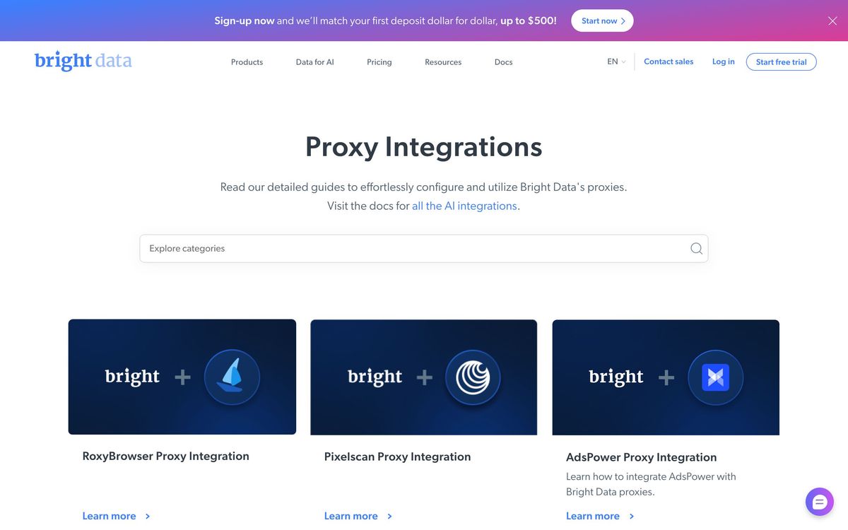Bright Data, integrations page screenshot