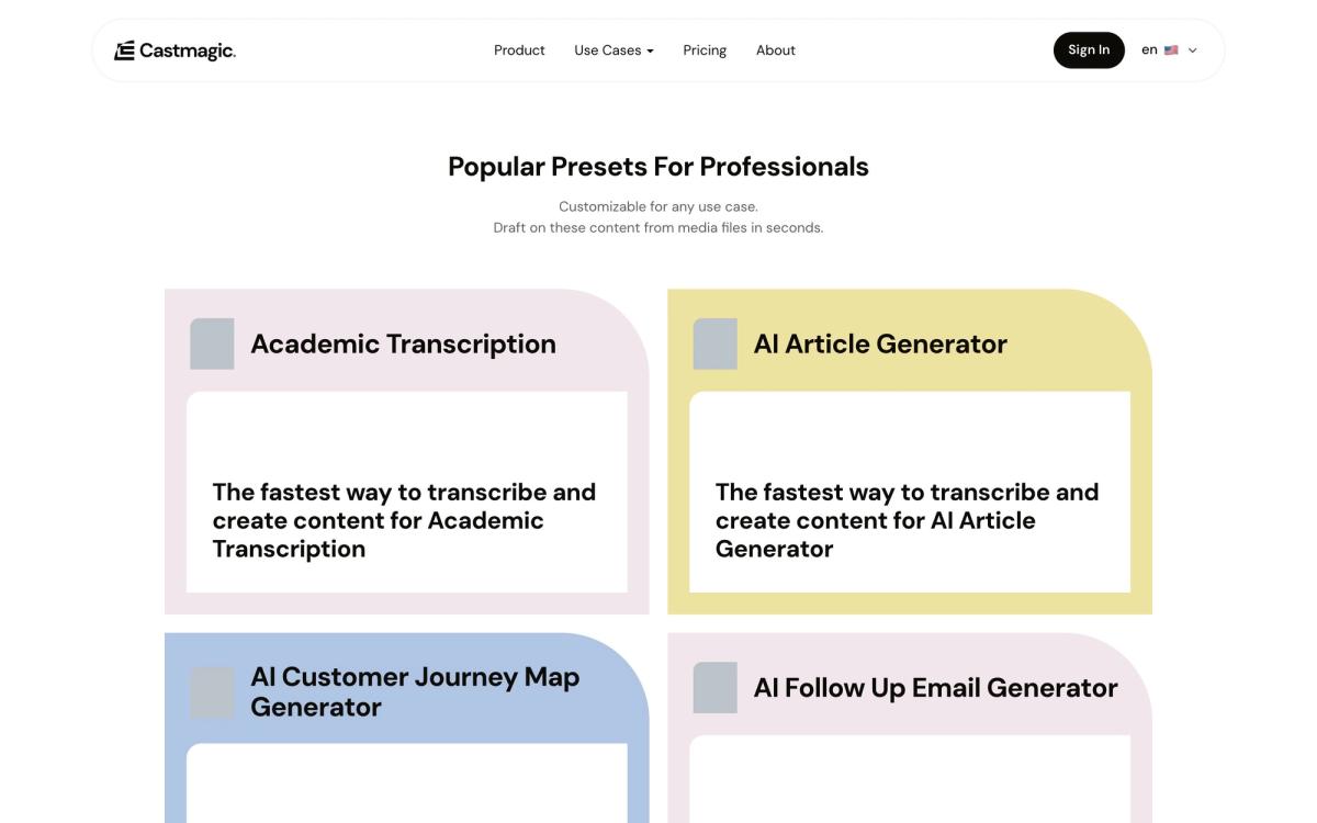 Castmagic: use cases page screenshot