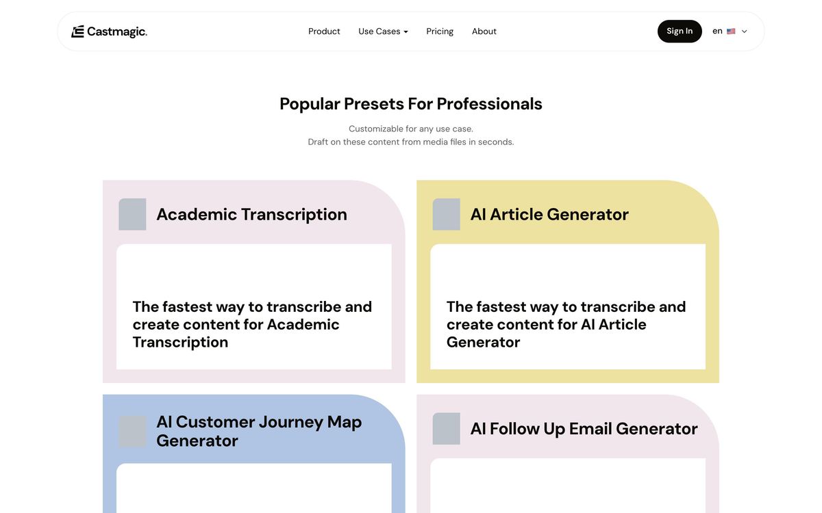 Castmagic: use cases page screenshot