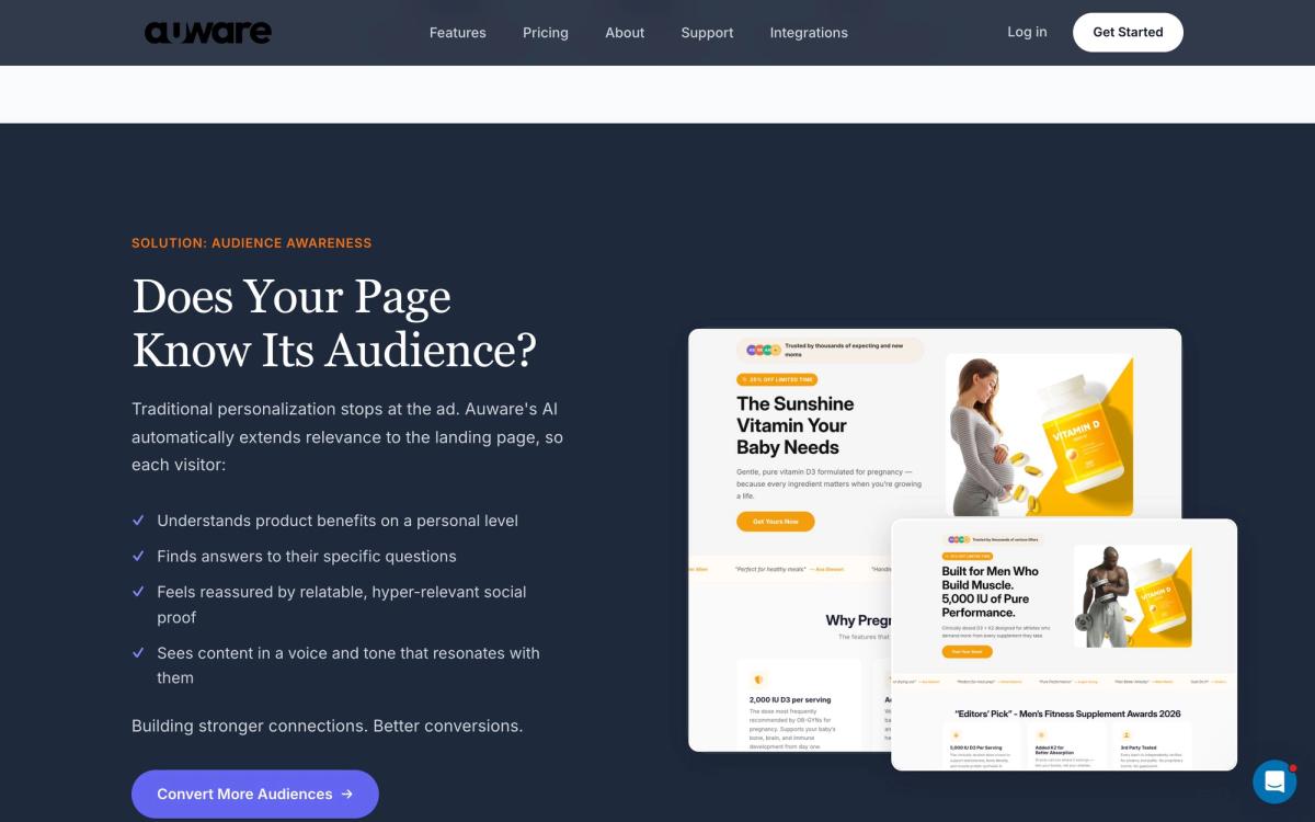 Auware, product overview page screenshot